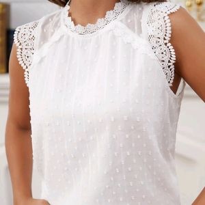Frenchy Swiss Dot Contrast Guipure Lace Blouse